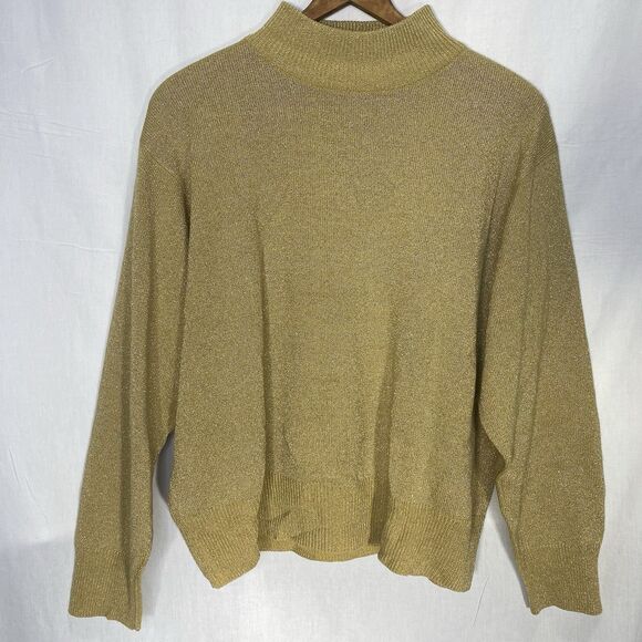Vintage MILANO DESIGN Sweater Gold Metallic Mock Neck Fine Knit Womens XL - Picture 2 of 10